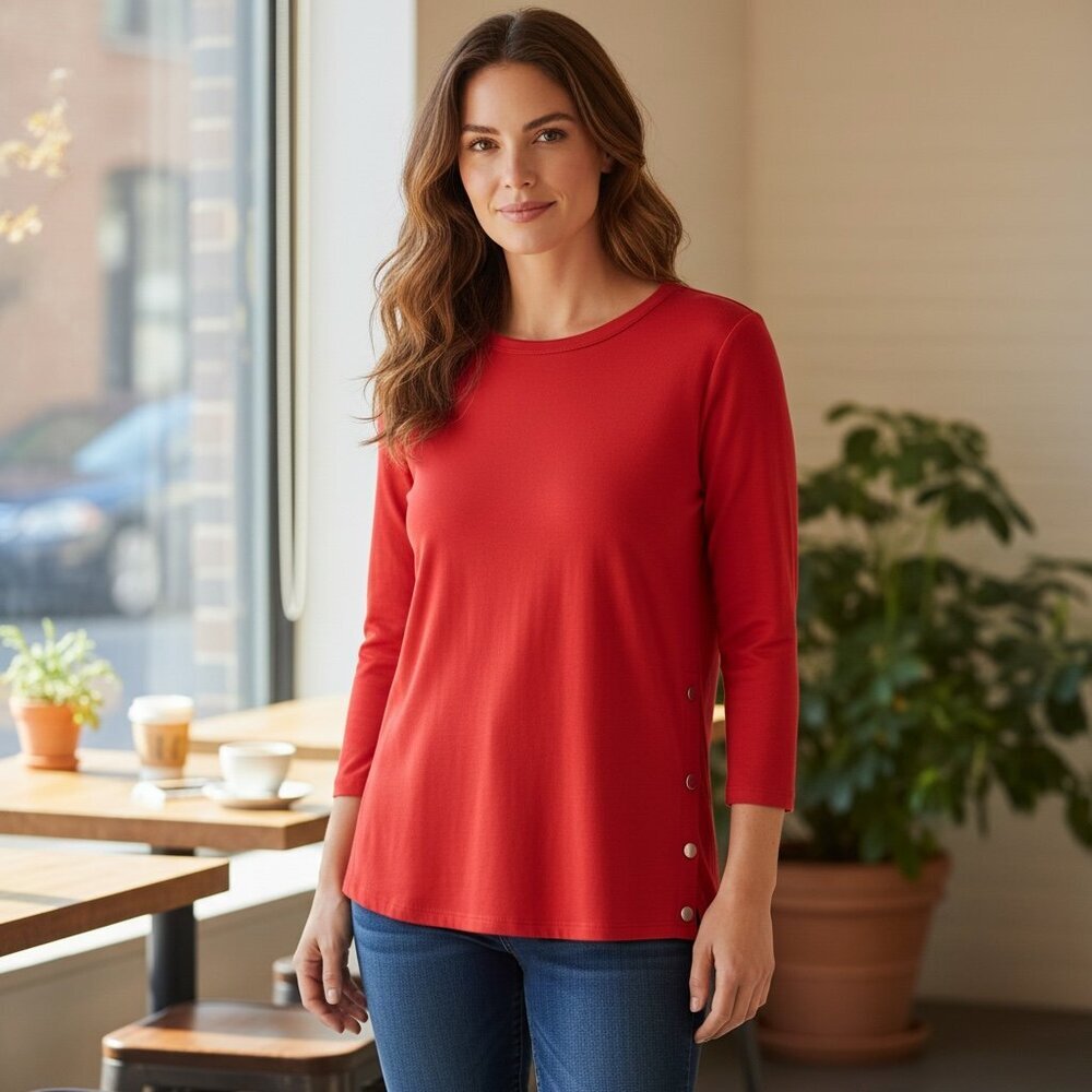 J. Jill Perfect Pima Side Button Crew Neck Long Sleeve Tee Top Sz S Red‎ #222H